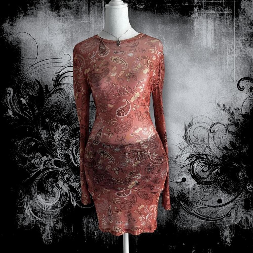 sheer paisley + floral GUESS salmon pink mesh mini dress